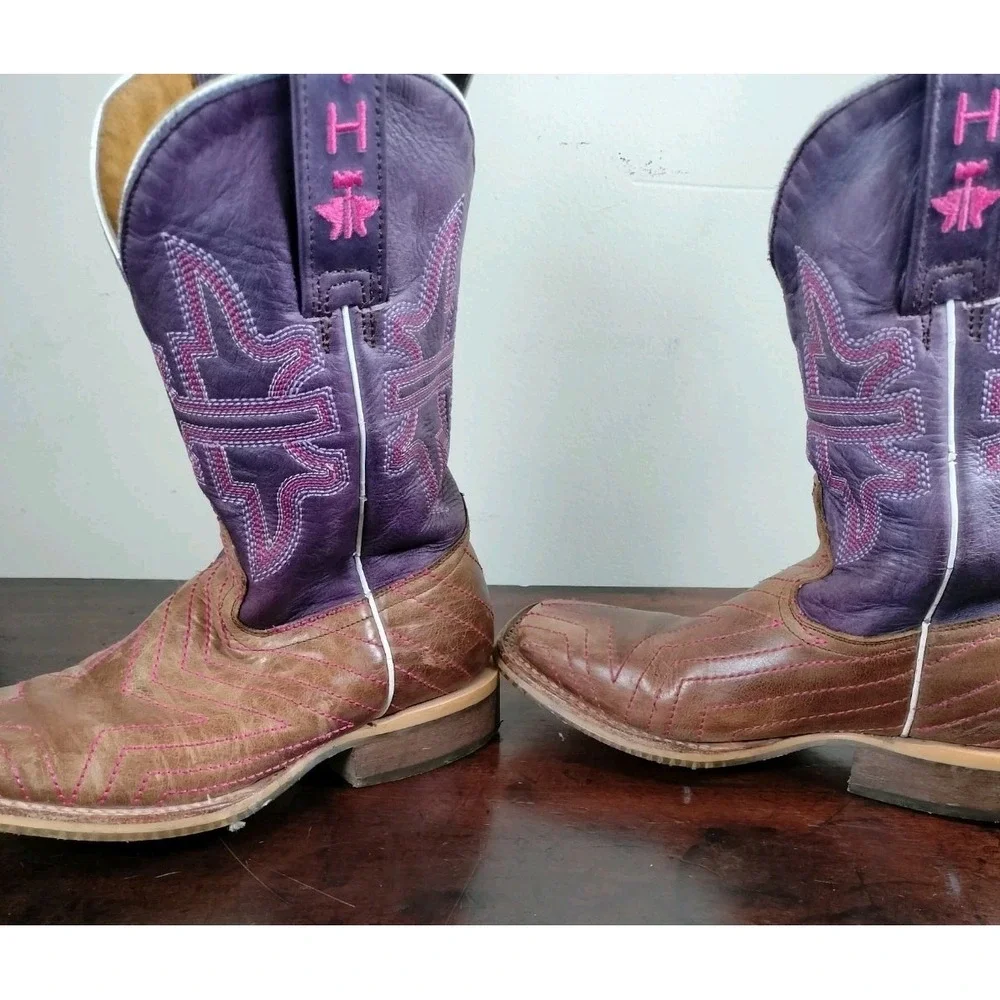 Tin Haul Starlight Cowgirl Boots Youth Kids Size 2 Purple Brown Square Toe USA